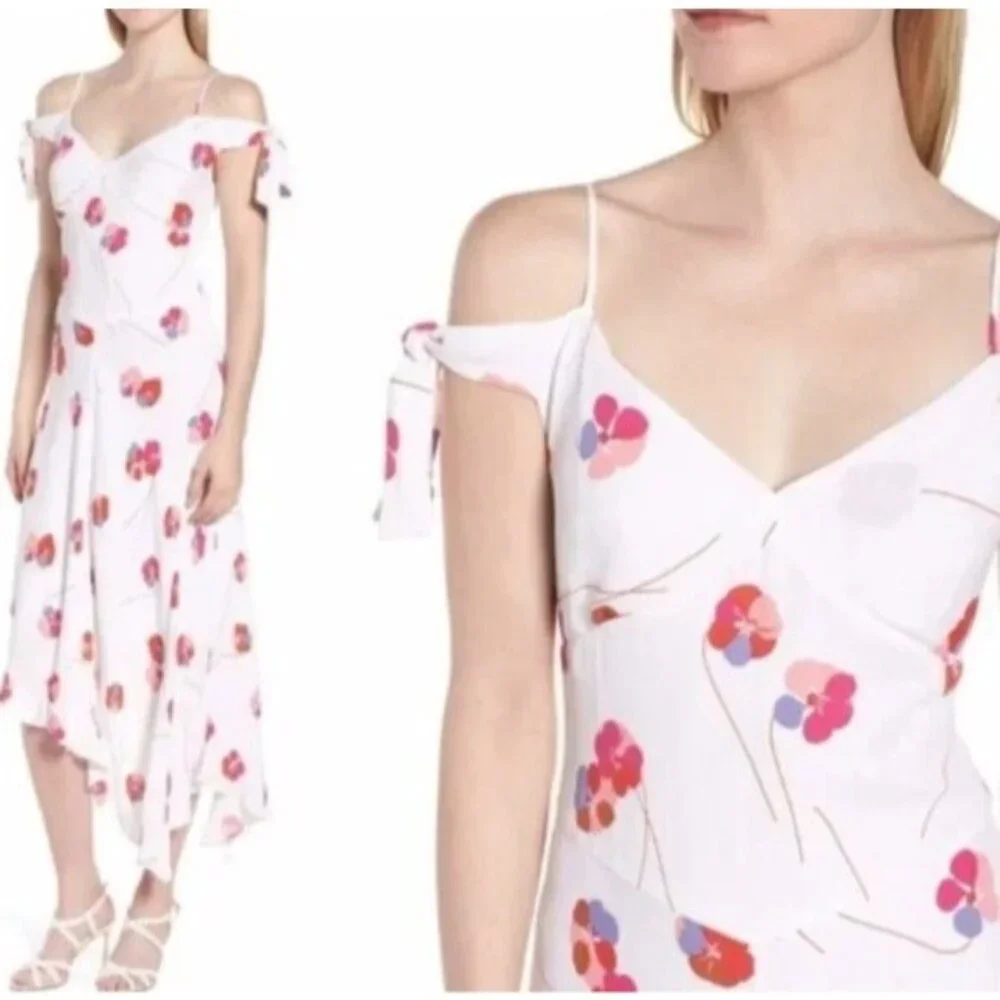 Lewit Womens‎ 4 Tie Sleeve Cold Shoulder Floral Midi Flounce Dress Asymmetrical